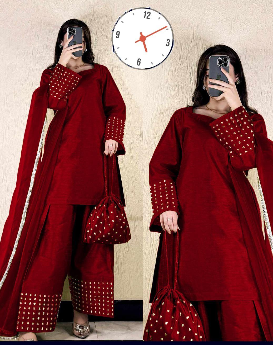 Elegant Maroon Shamoz Silk Women's Stitched Suit 4-piece set