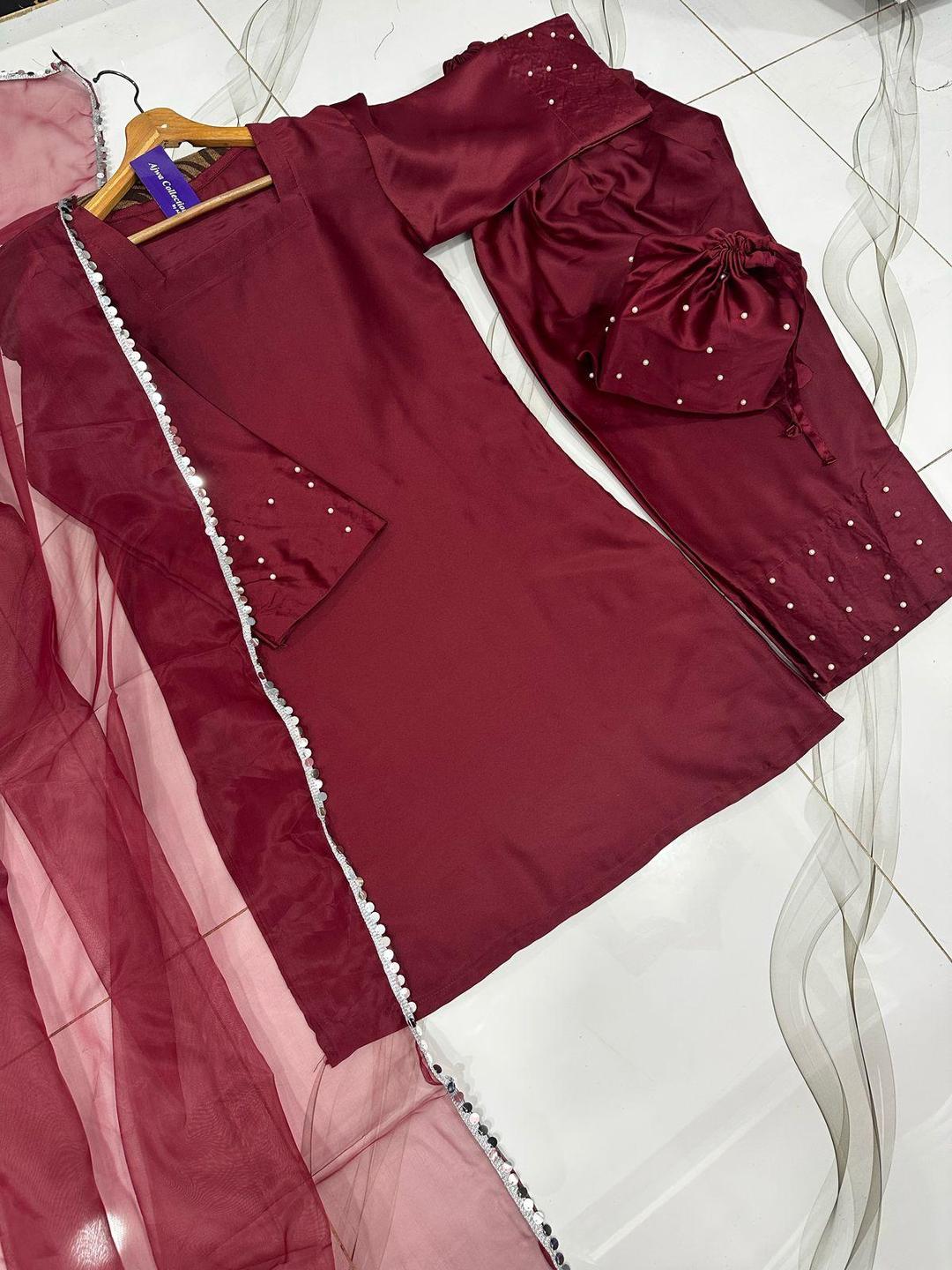 Elegant Maroon Shamoz Silk Women's Stitched Suit 4-piece set